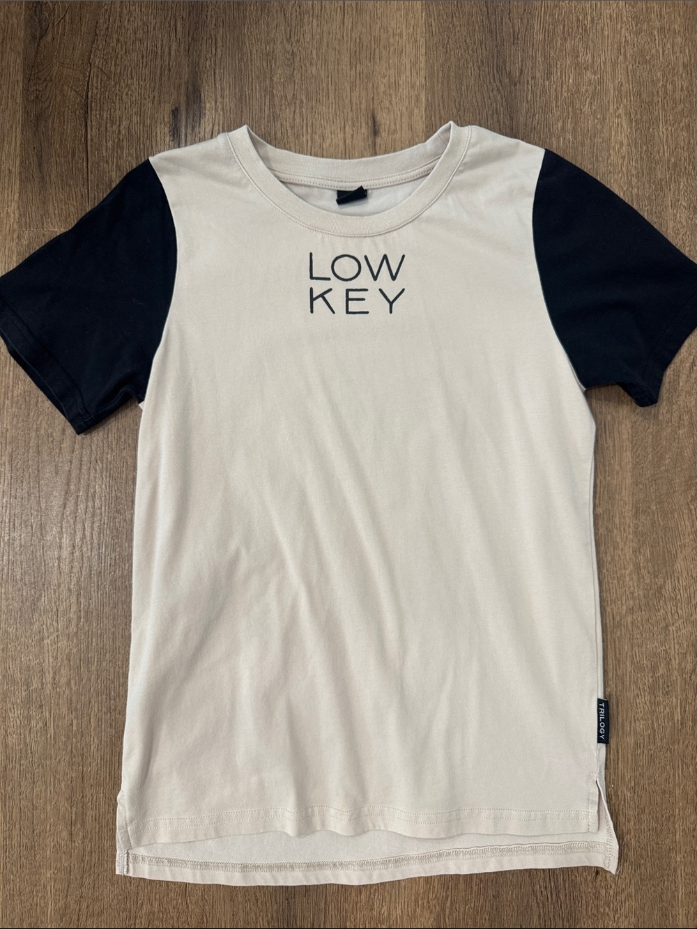 Kids 'LOW KEY' Short Sleeve Tee in Cream with Black Sleeves